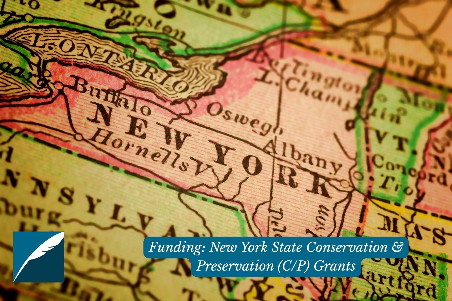 A map of the state of New York, with the DHPSNY logo in the bottom left corner with the title "Funding: New York State Conservation & Preservation (C/P) Grants" in the right corner.