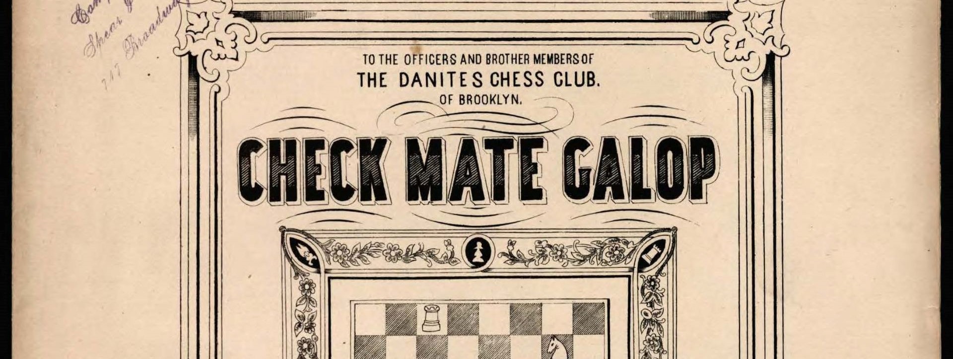 Cover of sheet music for the "Check Mate Galop" with an image of a chessboard.