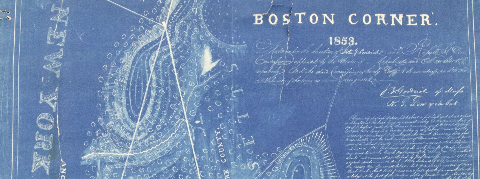 Crop of a blueprint map labeled Boston Corners.