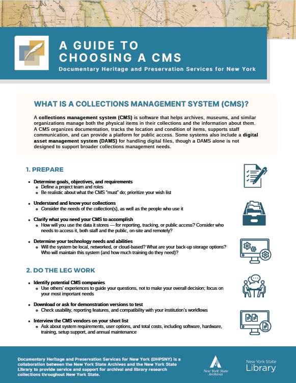 The first page of DHPSNY's technical bulletin, A Guide to Choosing a CMS.