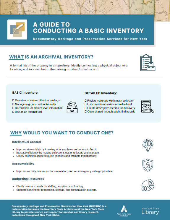 The cover for DHPSNY's technical bulletin "A Guide to Conducting a Basic Inventory." There is text about an archival inventory along with icons showing folders, checklists, and documents.