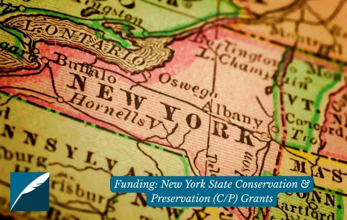 A photograph of a map of the United States, focused on the state of New York. In the left corner, there is the DHPSNY logo and text on top reads "Funding: New York State Conservation & Preservation (C/P) Grants."