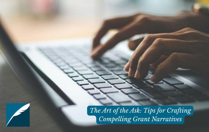 A picture of someone typing on the keyboard of a laptop. In the left corner of the image there is the DHPSNY logo and to the right there is text that reads "The Art of the Ask: Tips for Crafting Compelling Grant Narratives."