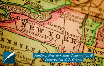 A photograph of a map of the United States, focused on the state of New York. In the left corner, there is the DHPSNY logo and text on top reads "Funding: New York State Conservation & Preservation (C/P) Grants."