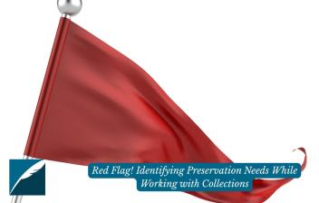A picture of a waving red flag. To the left, the DHPSNY logo and to the right text that says "Red Flag! Identifying Preservation Needs While Working with Collections."