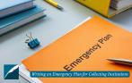A photograph of an orange booklet reading "Emergency Plan" with pens and office supplies next to it. In the left corner is the DHPSNY logo and to the right is text that says "Writing an Emergency Plan for Collecting Institutions."
